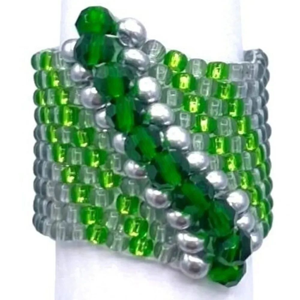 Silver with Lime and Emerald Green Crystal Cellini Spiral Statement Ring Size 8